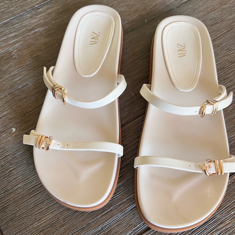ZARA Cream Double-Strap Slide Sandals